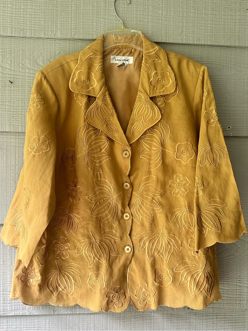 Lino USA Vintage Linen Floral Embroidered Scalloped Lagenlook Jacket /Mustard~3X